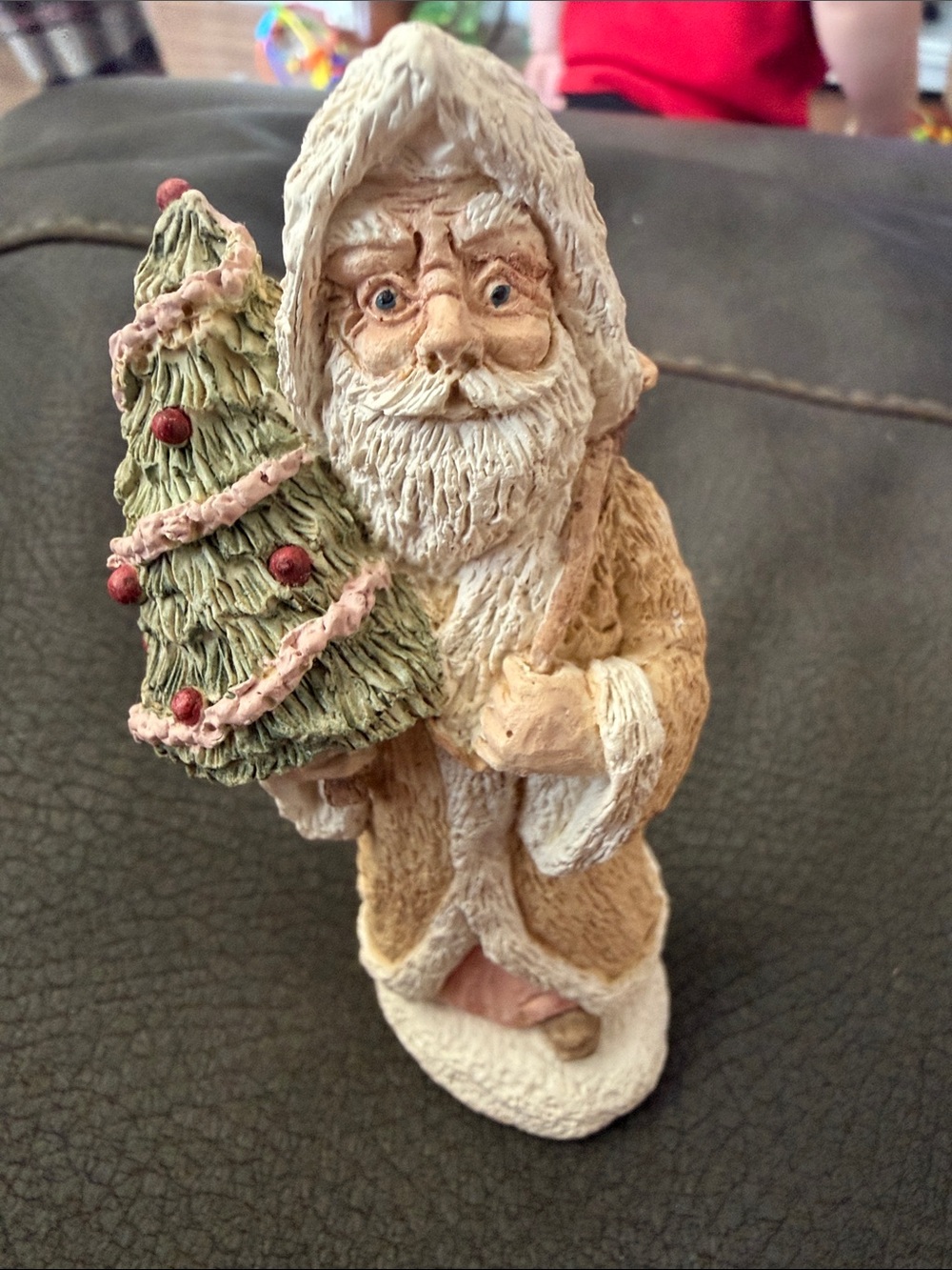 Handcrafted Beige Santa Figurine Holding Green Christmas Tree - Holiday Decor